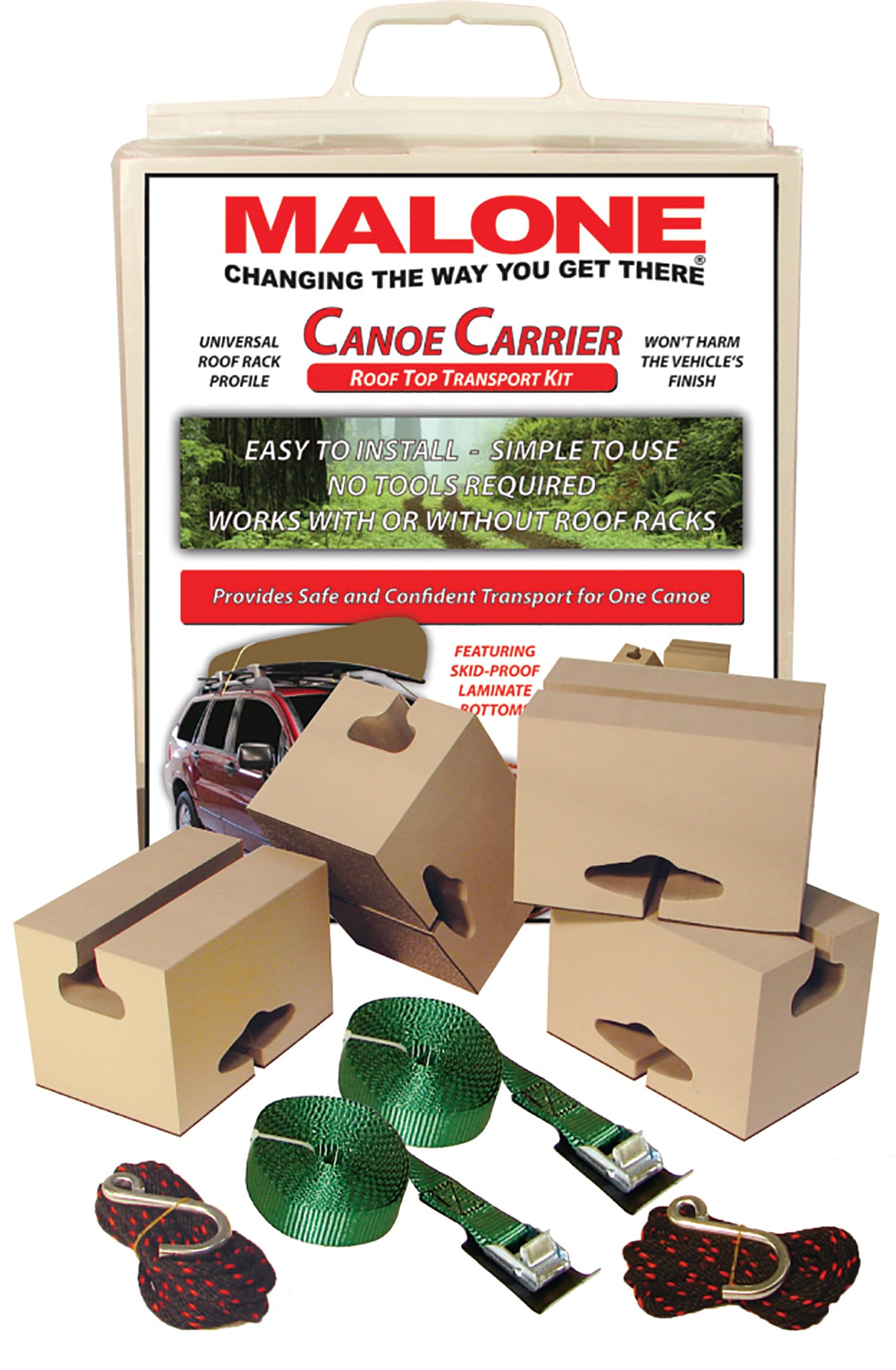 Malone canoe kit on roof showing secure transport and easy installation