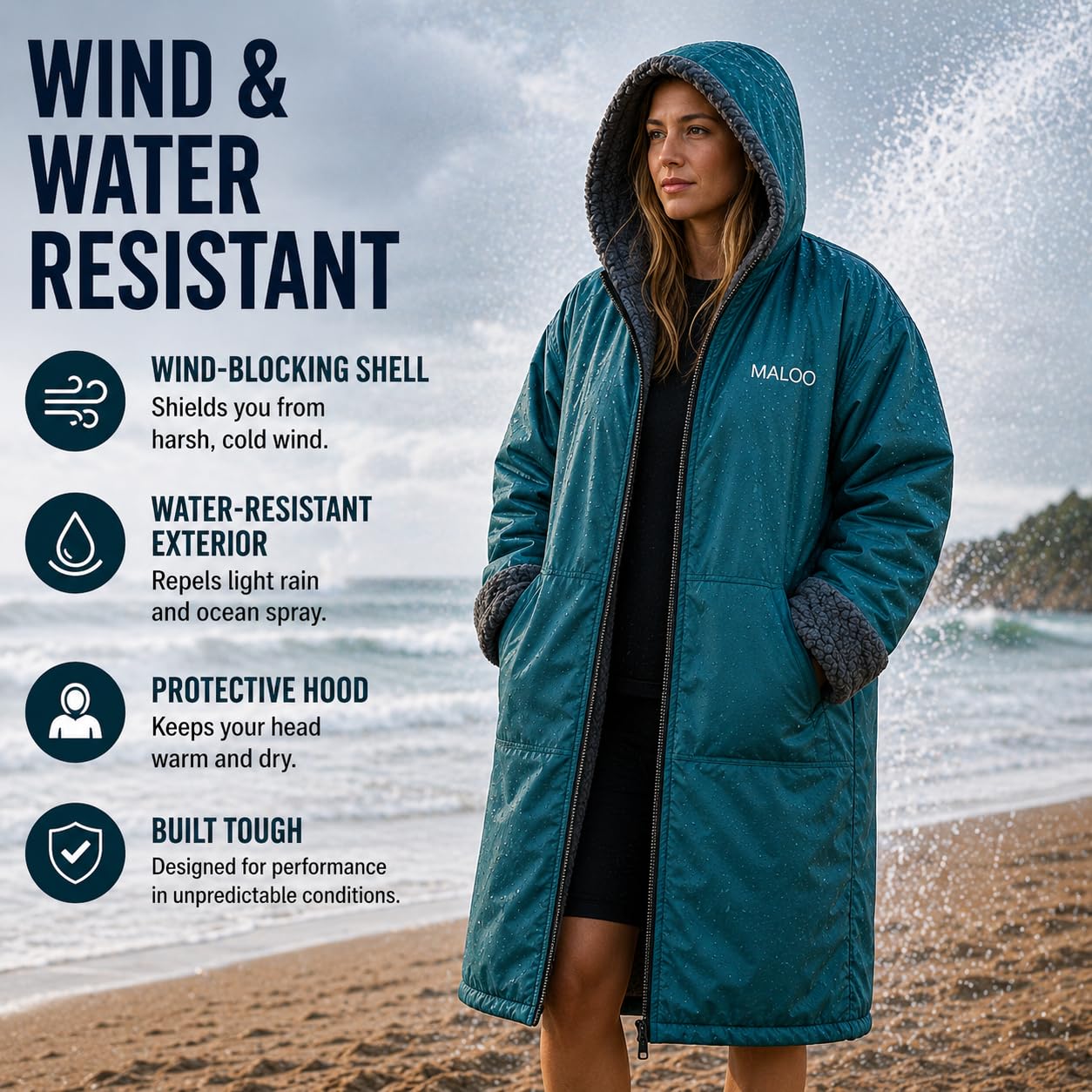 Malo'o parka changing demo on beach offering discreet wetsuit removal