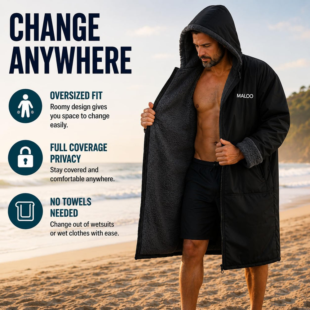 Malo'o full-length parka in use keeping wearer warm after swimming