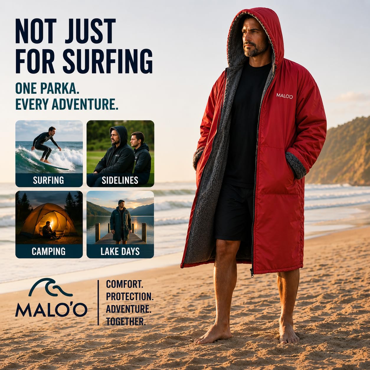 Malo'o parka scale comparison with person showing generous oversized fit