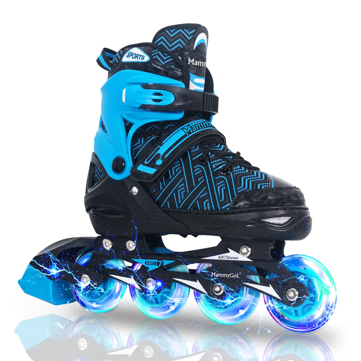 MammyGol front view of blue skates showing full package and fit benefits