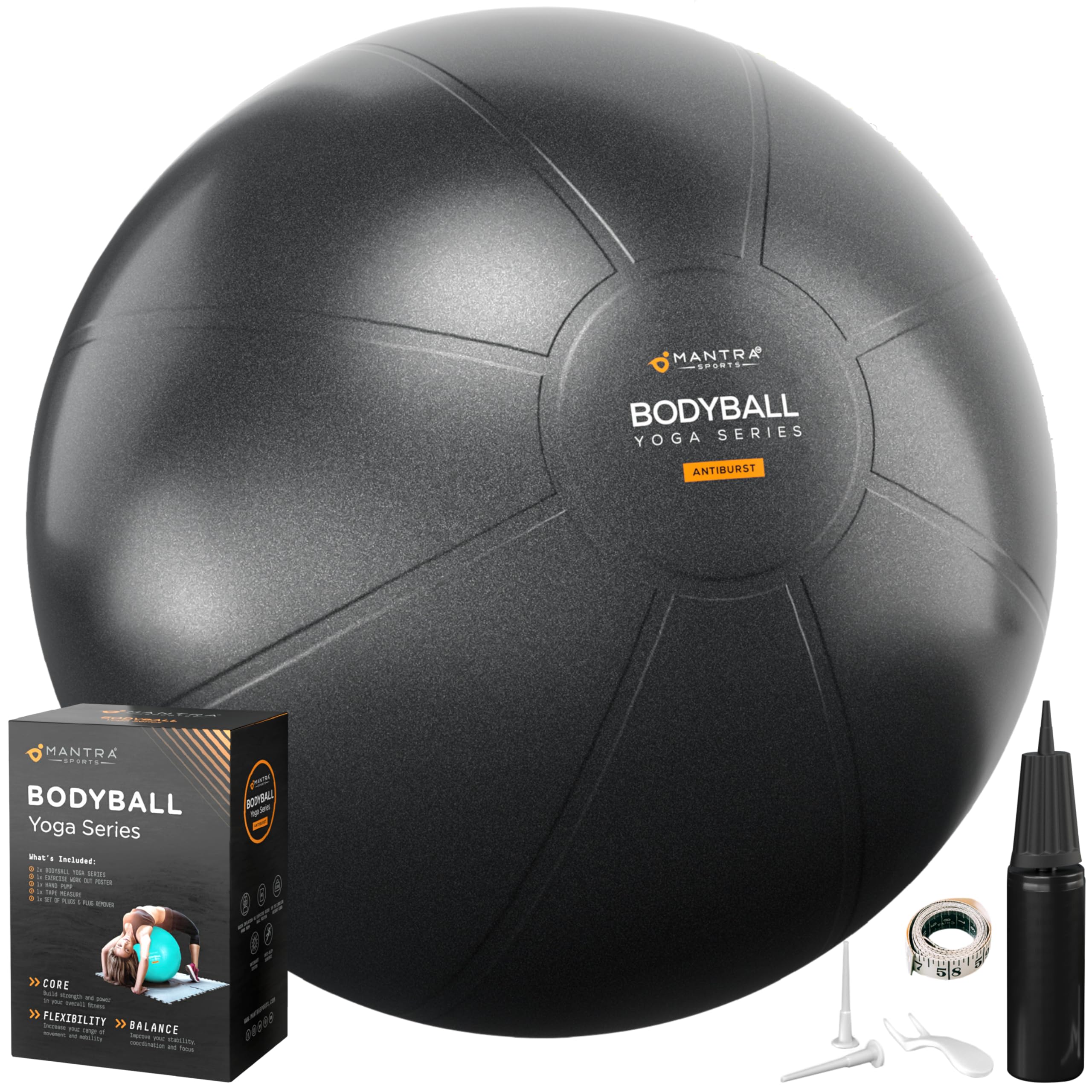 MANTRA SPORTS front packaging showing ball and included pump for quick setup