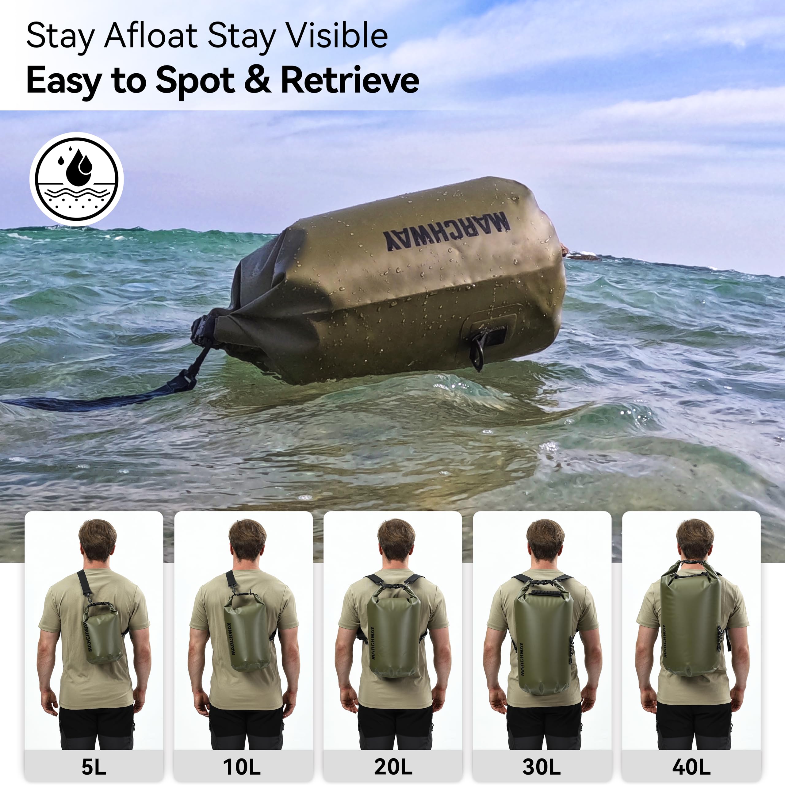 MARCHWAY bag floating on water for visible buoyancy and easy retrieval