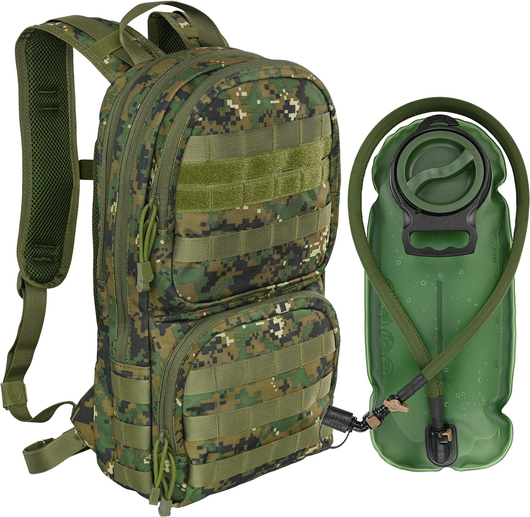 MARCHWAY front view showing digital woodland pack and organized storage benefits