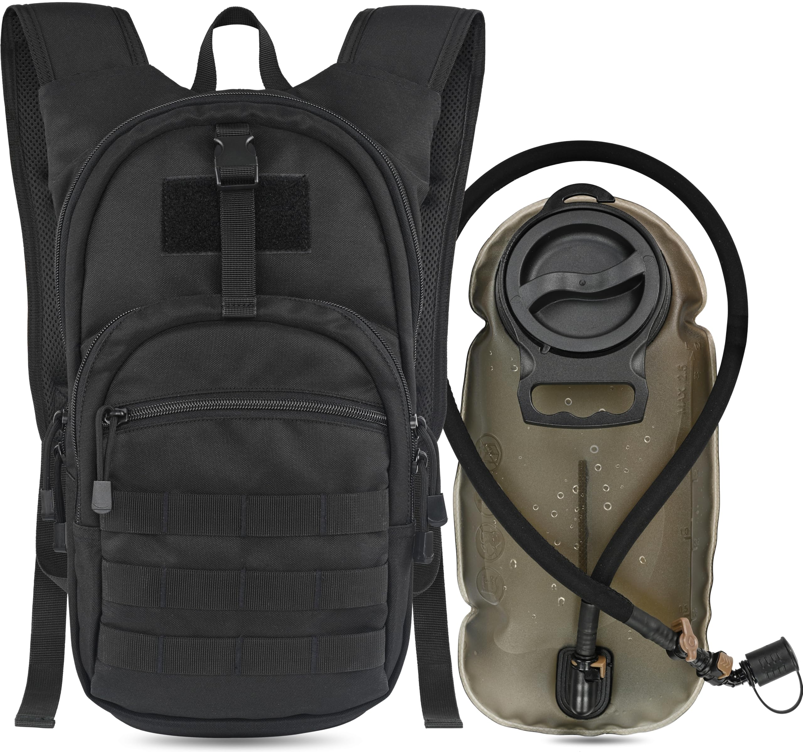 MARCHWAY front view showing compact tactical hydration pack and organized pockets