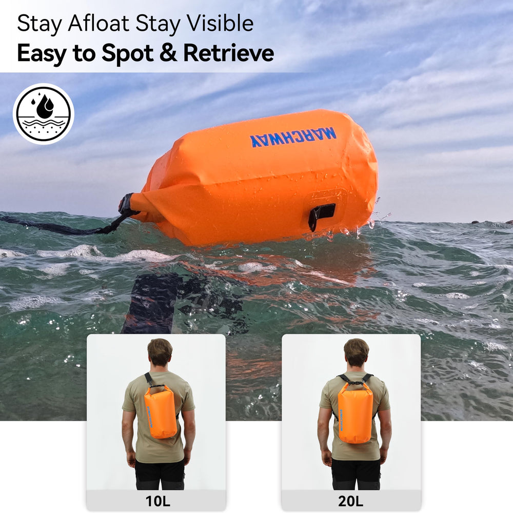MARCHWAY dry bag secured on kayak deck, keeps equipment safe and dry