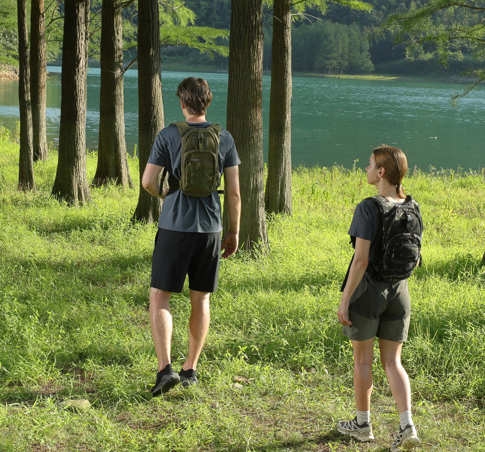 MARCHWAY worn by hiker on trail demonstrating hands-free hydration and low-profile mobility