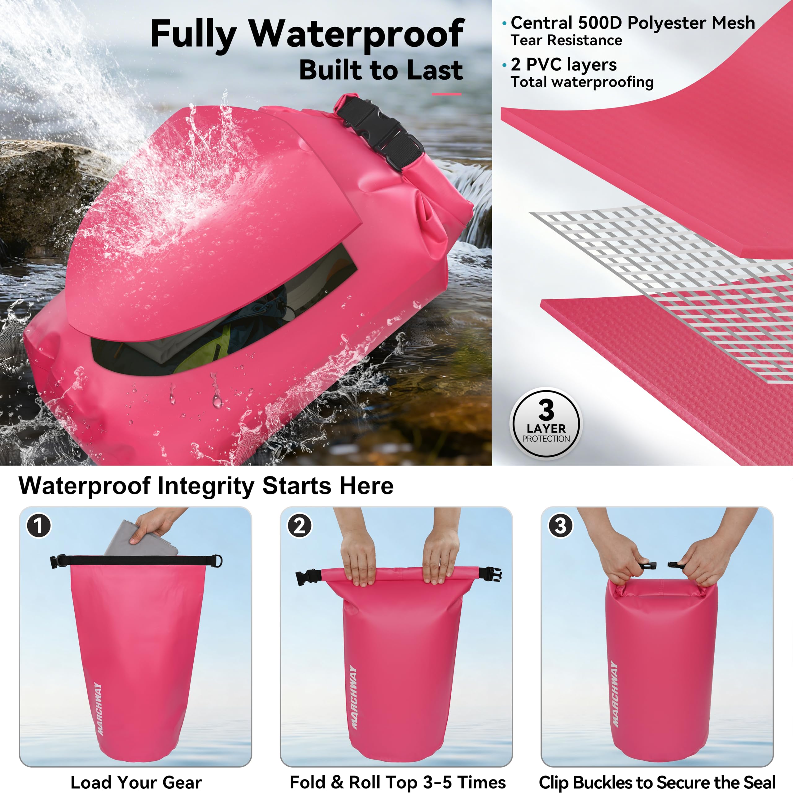 MARCHWAY roll-top being closed and buckled demonstrating waterproof sealing and buoyancy