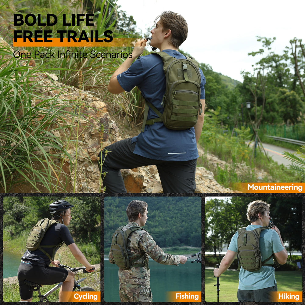 MARCHWAY backpack next to water bottle showing compact size and carry capacity comparison