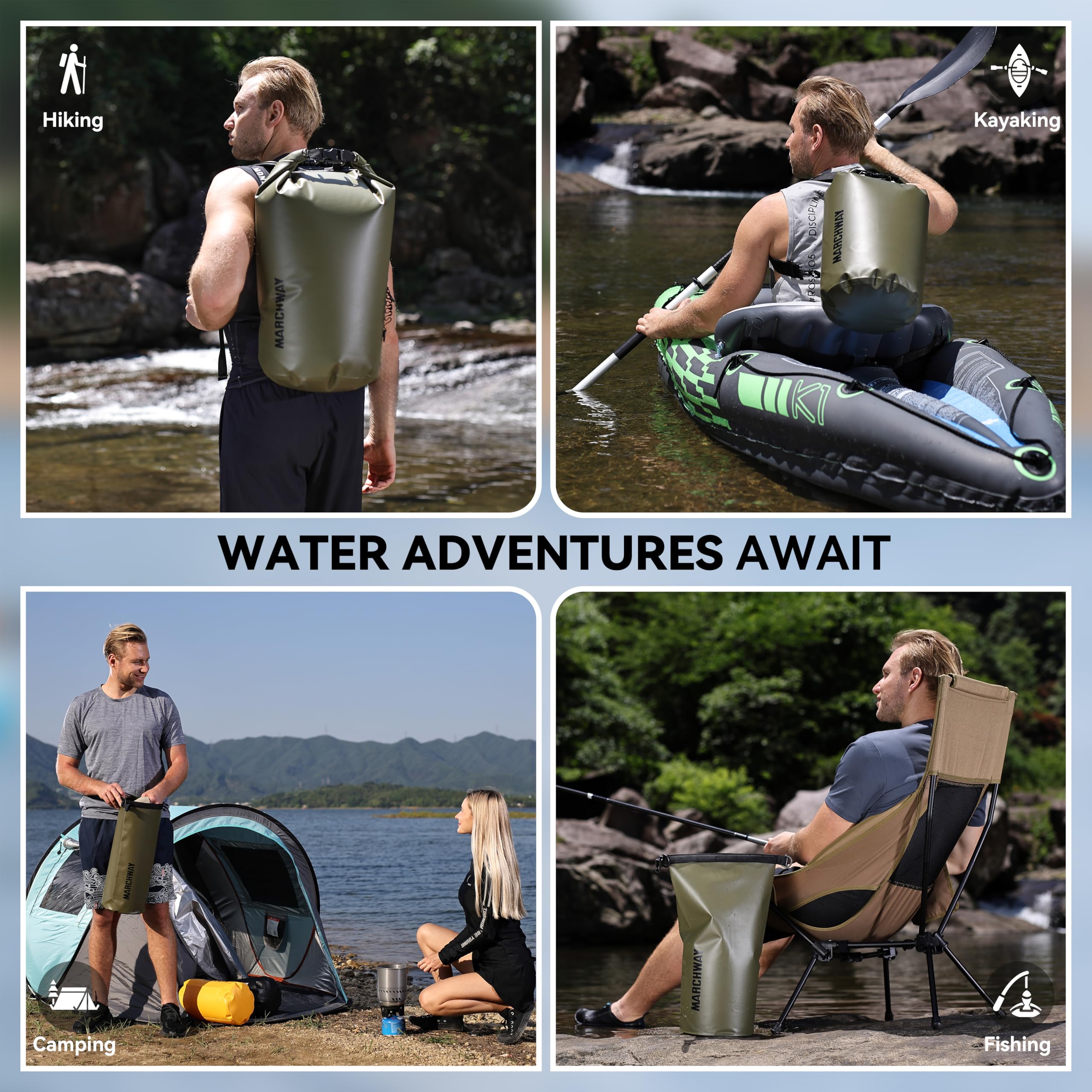 MARCHWAY size comparison 5L 20L 40L illustrating capacity options and packing choices
