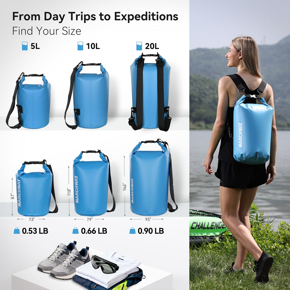 MARCHWAY lined-up sizes 5L to 40L showing capacity options for every trip benefit