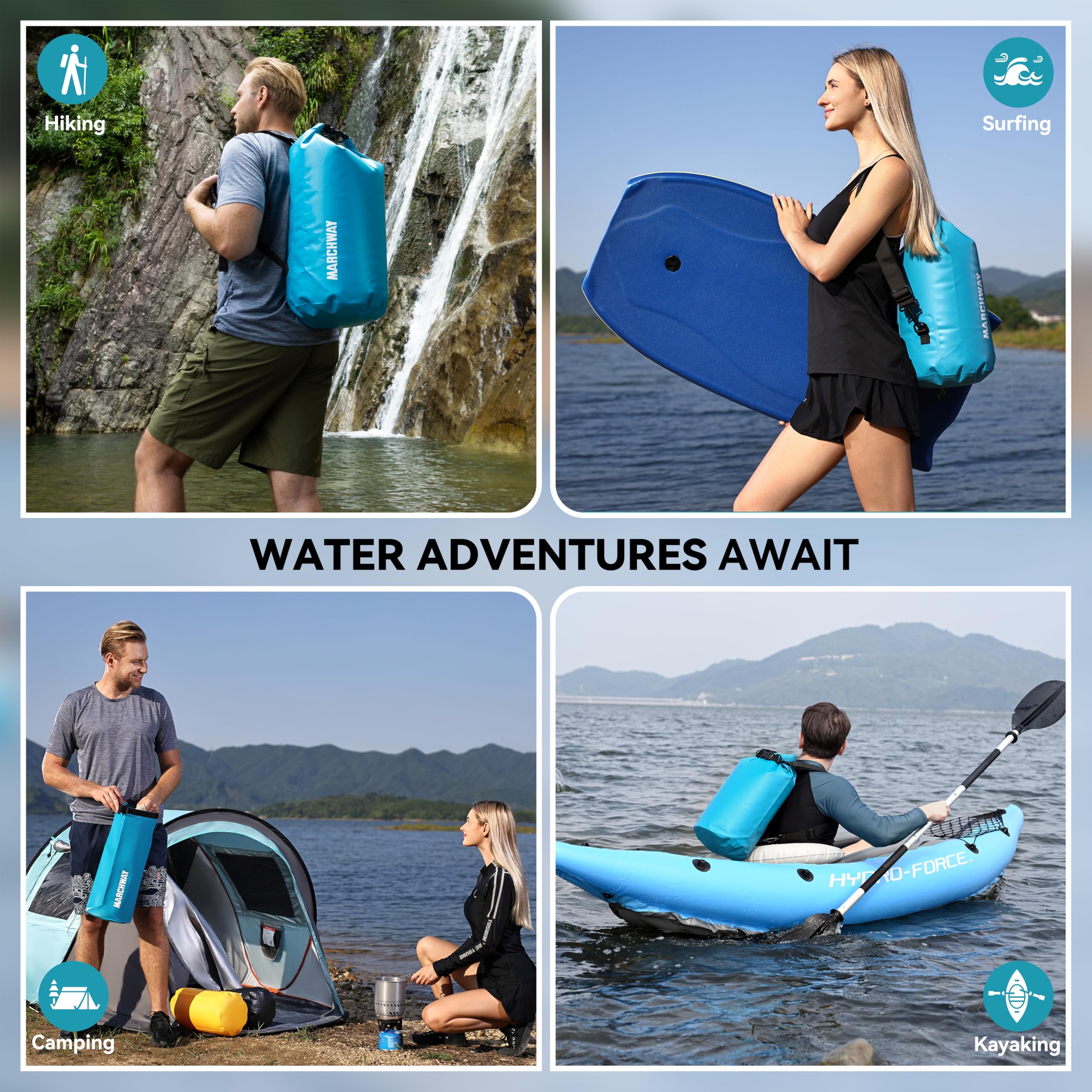 MARCHWAY size comparison with person showing capacity options for trip planning