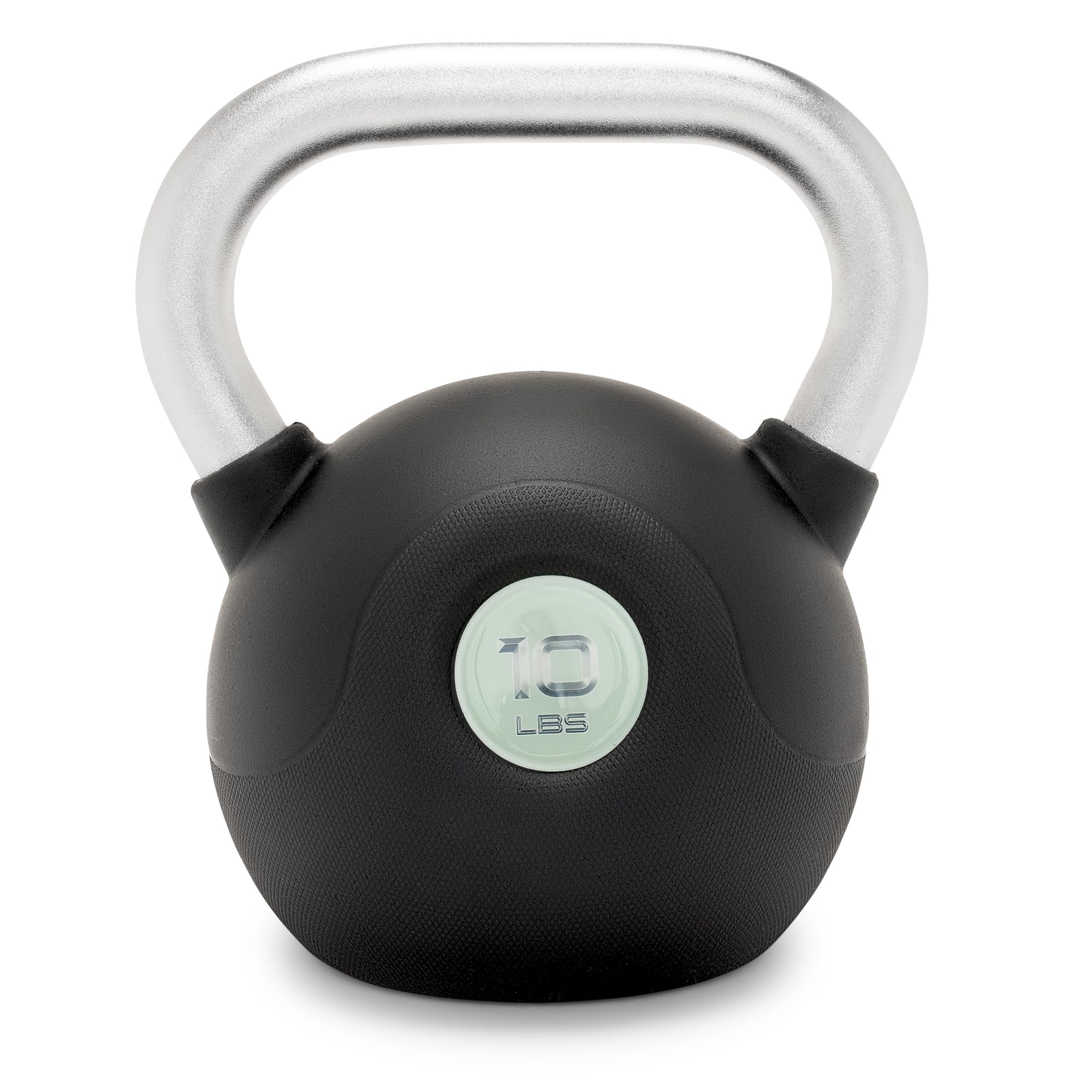 MARCY front view of 10 lb PU-coated kettlebell showing color coding and label, durable protection