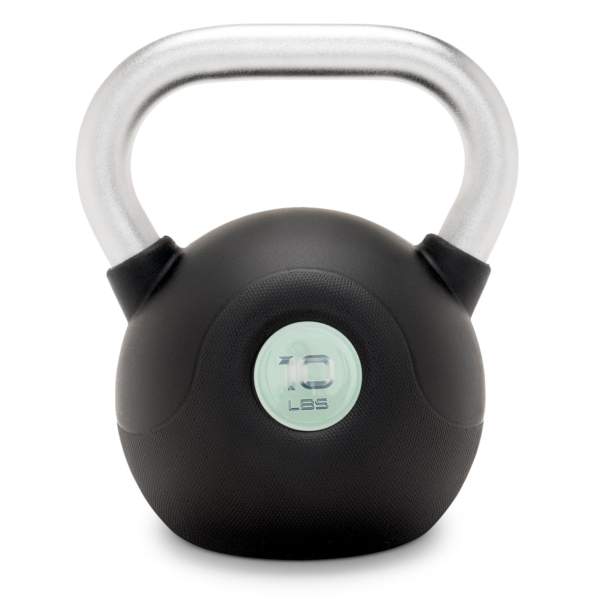 MARCY front view of 10 lb PU-coated kettlebell showing color coding and label, durable protection