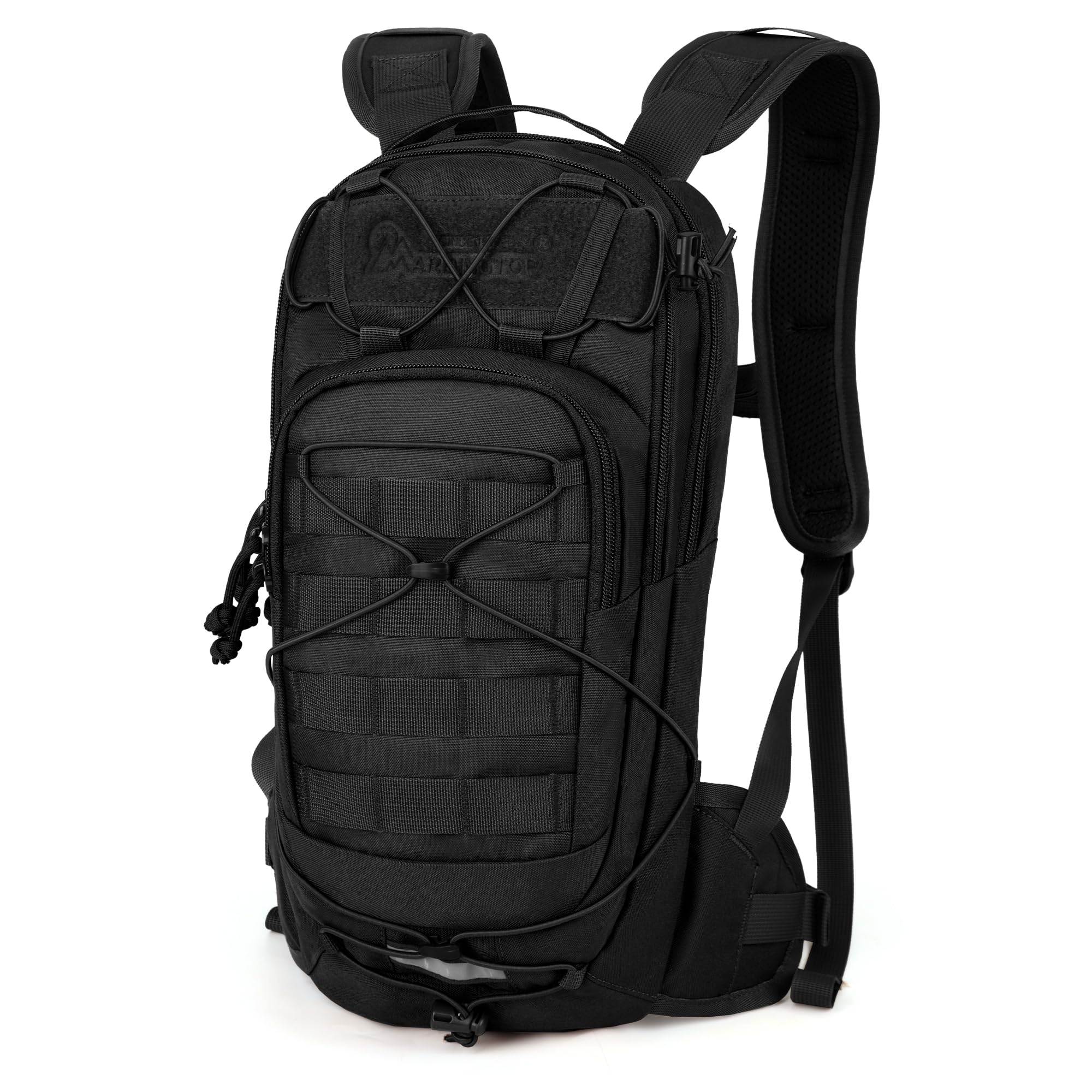 Mardingtop front view of pack showing compact shape and pockets for easy carry