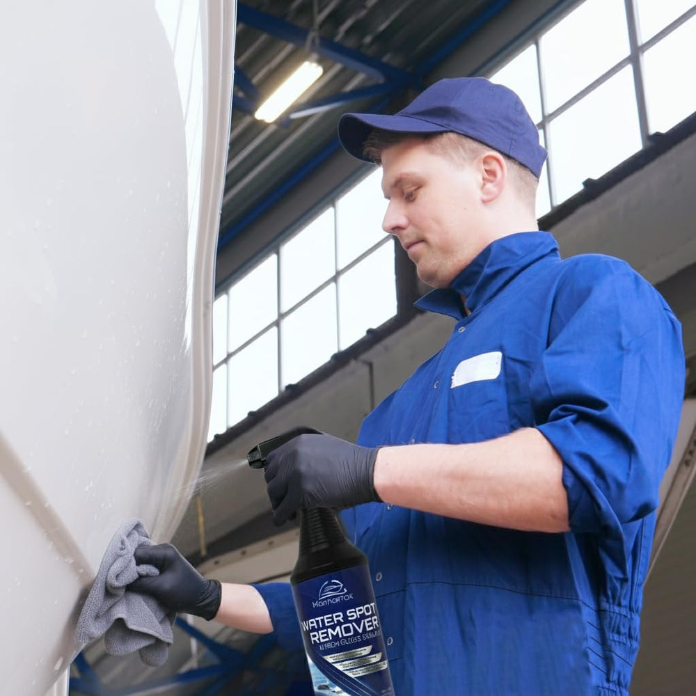 Marinamax being applied to a boat hull illustrating effective spot removal and time savings