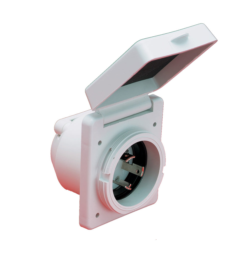 Marinco inlet with Soft Touch cap open exposing terminals, easing installation and secure wiring