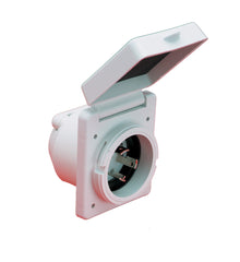 Marinco inlet with Soft Touch cap open exposing terminals, easing installation and secure wiring