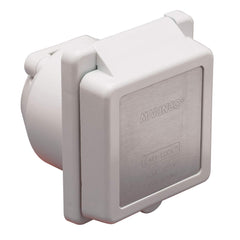 Marinco shore power inlet front view showing locking face and white finish for durable connection