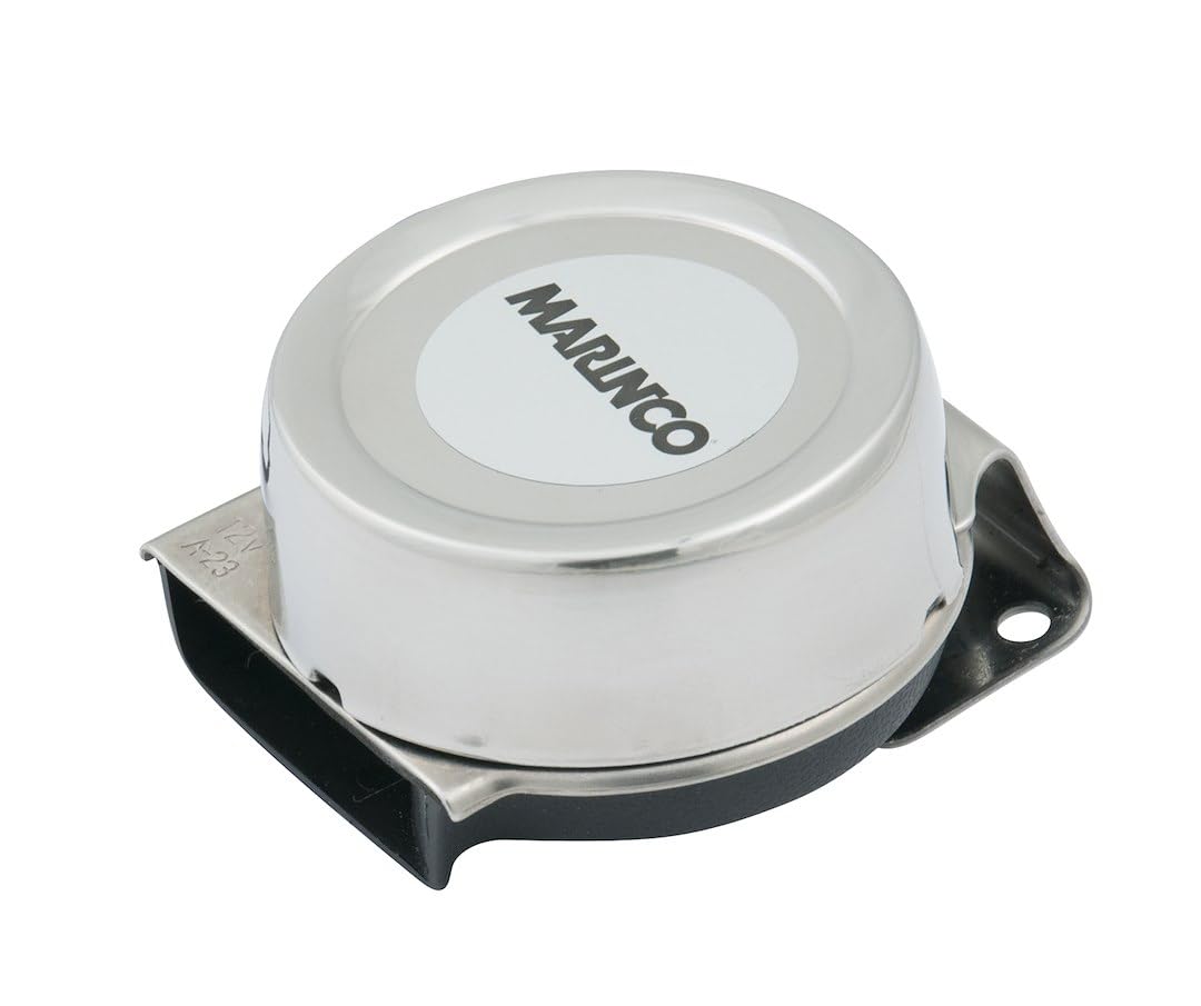 Marinco mini horn front view showing stainless cover and compact mount, durable corrosion resistance