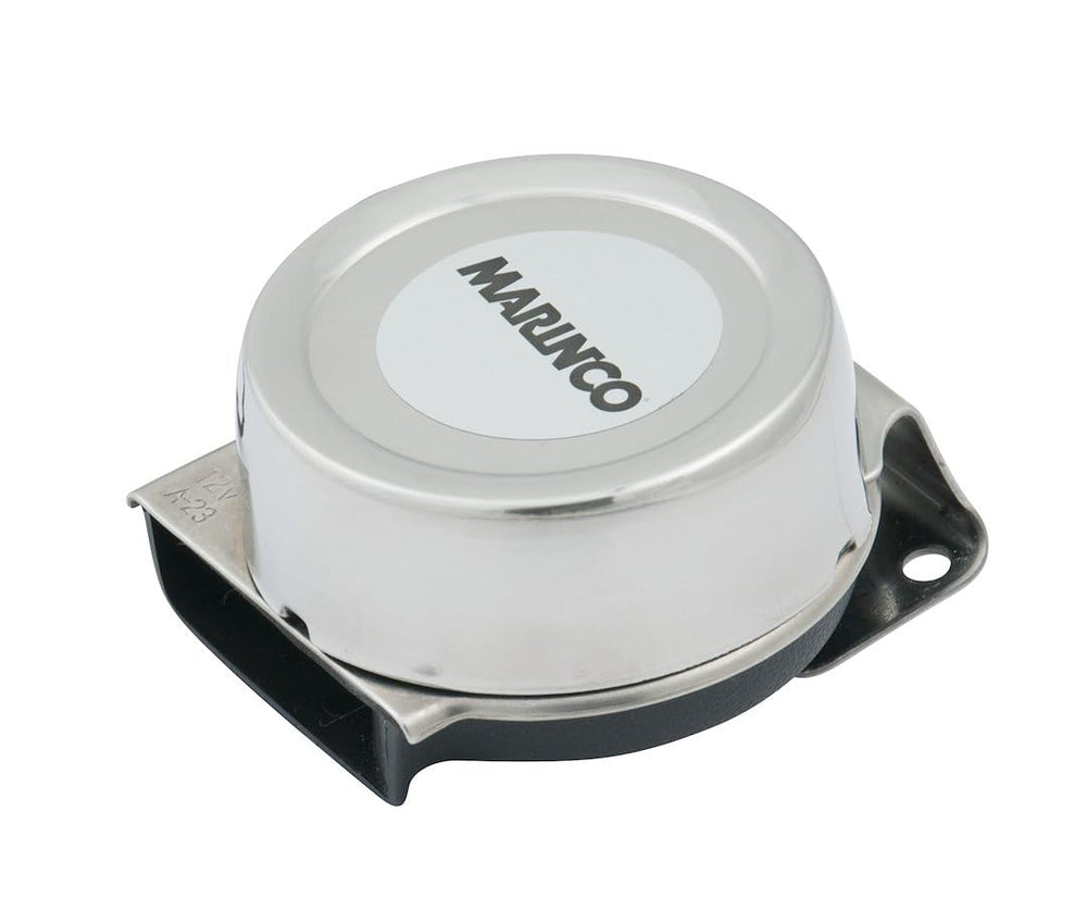 Marinco mini horn front view showing stainless cover and compact mount, durable corrosion resistance