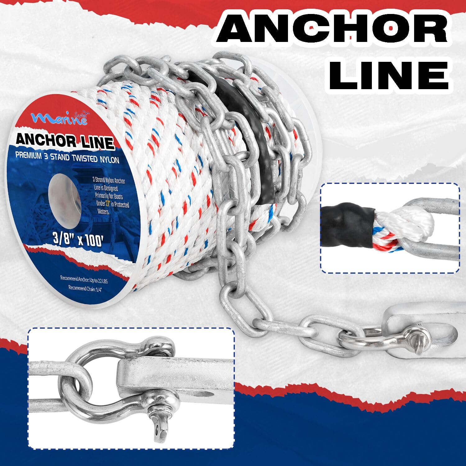 MARINE SYSTEM rope and chain deployed from small boat demonstrating secure anchoring benefit