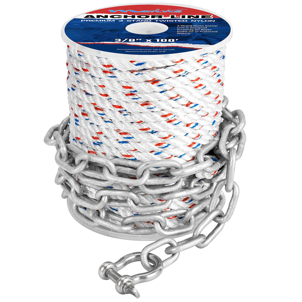 MARINE SYSTEM front view of packaged anchor line showing length and specs for quick selection