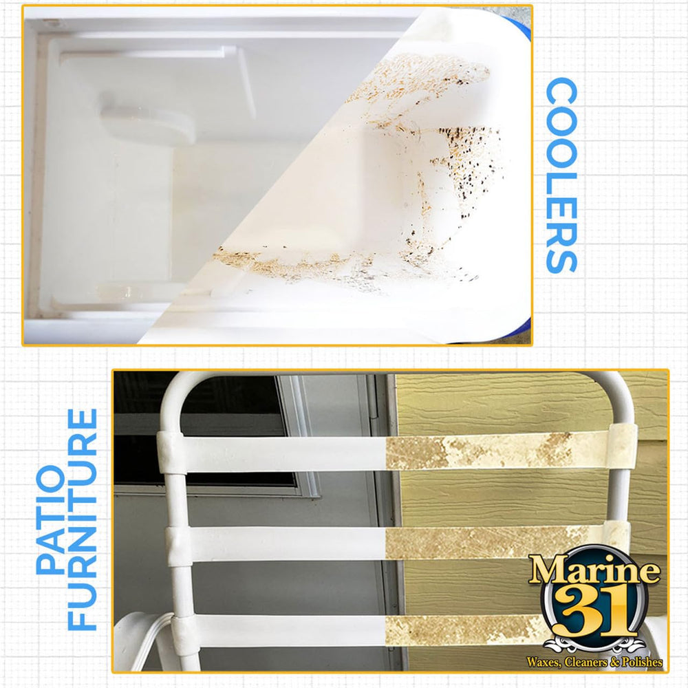 Marine 31 before and after vinyl seat comparison showing restored appearance and stain removal