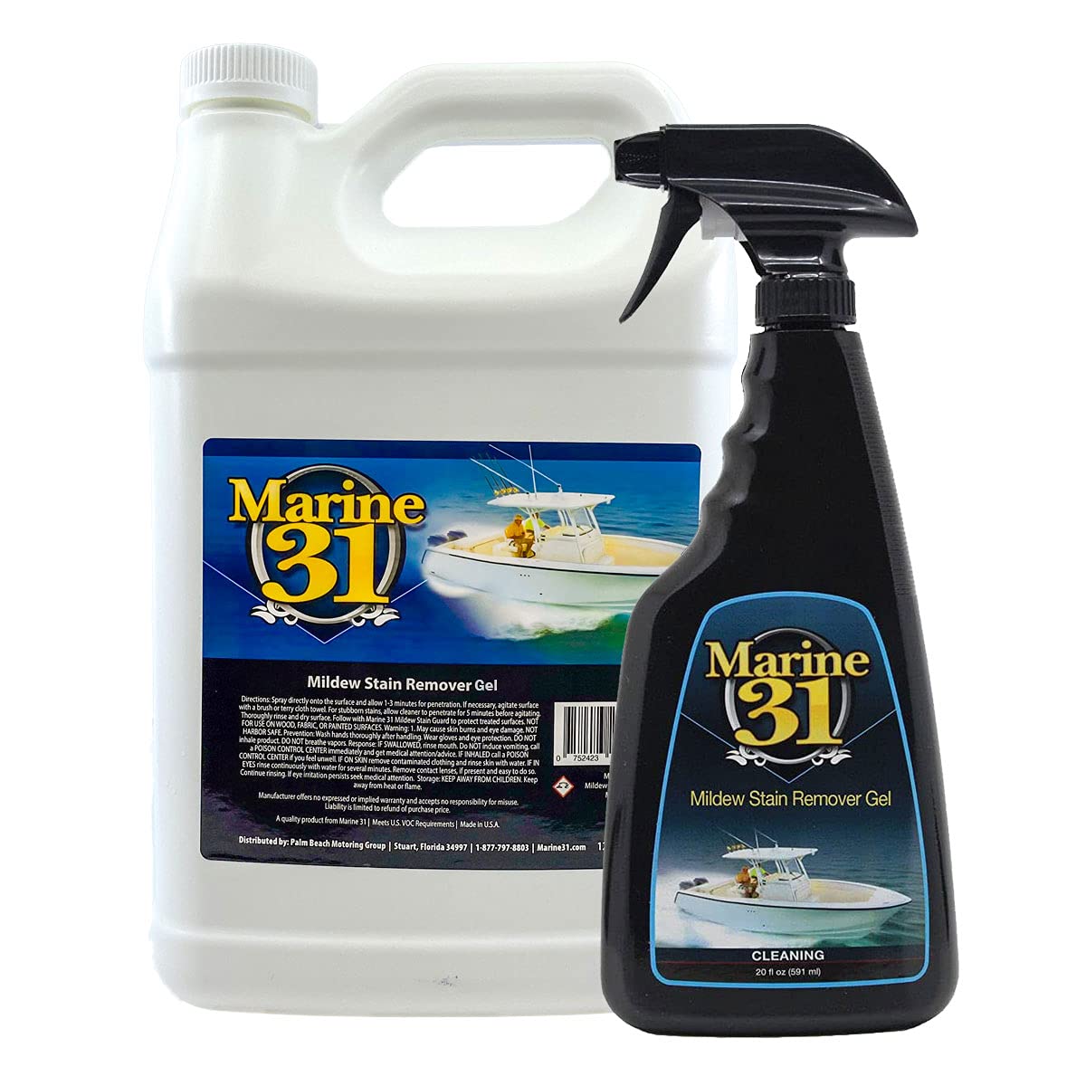 Marine 31 front packaging showing spray bottle and gallon for convenient refills and quick cleaning