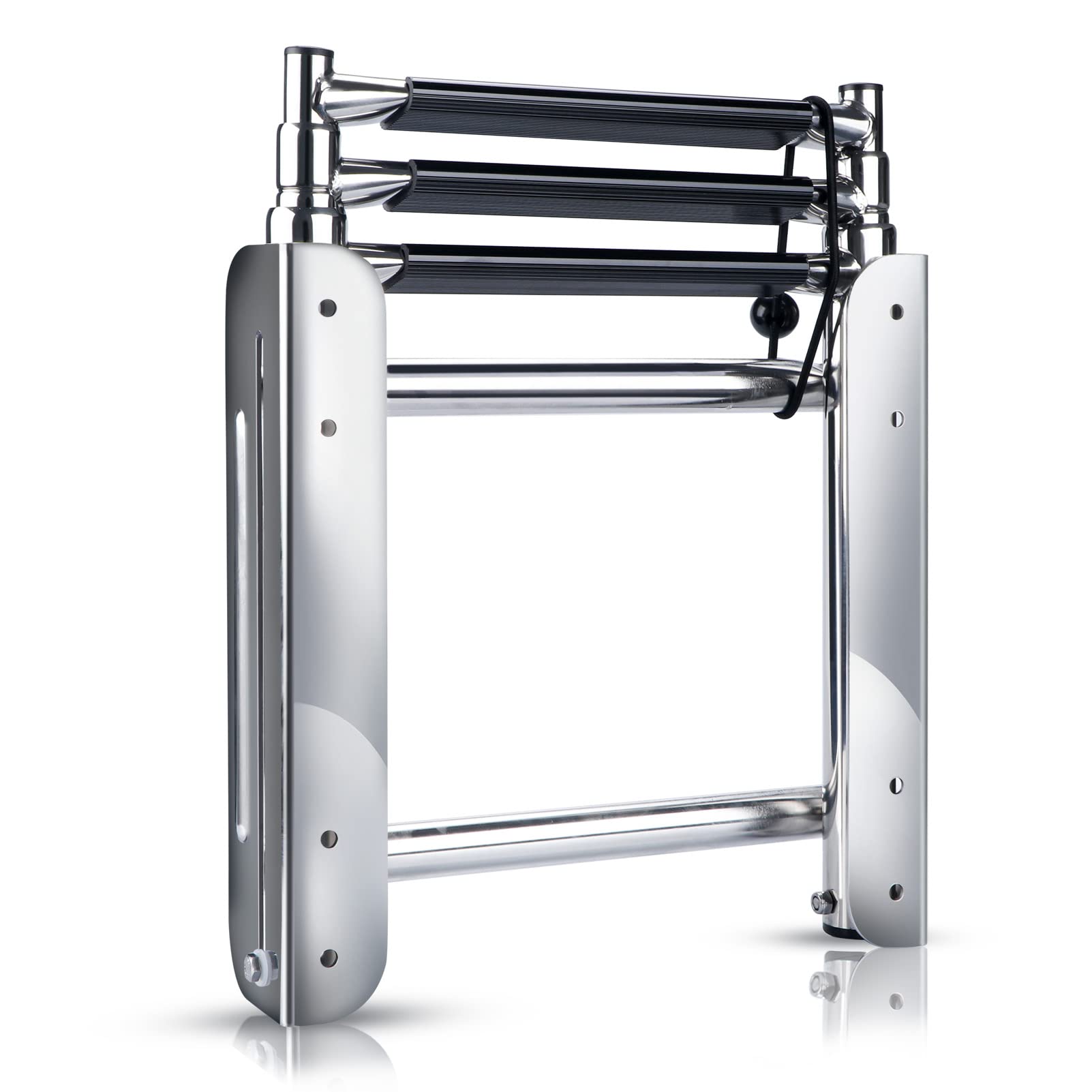 Marinebaby ladder folded flat under platform saving deck space and reducing clutter