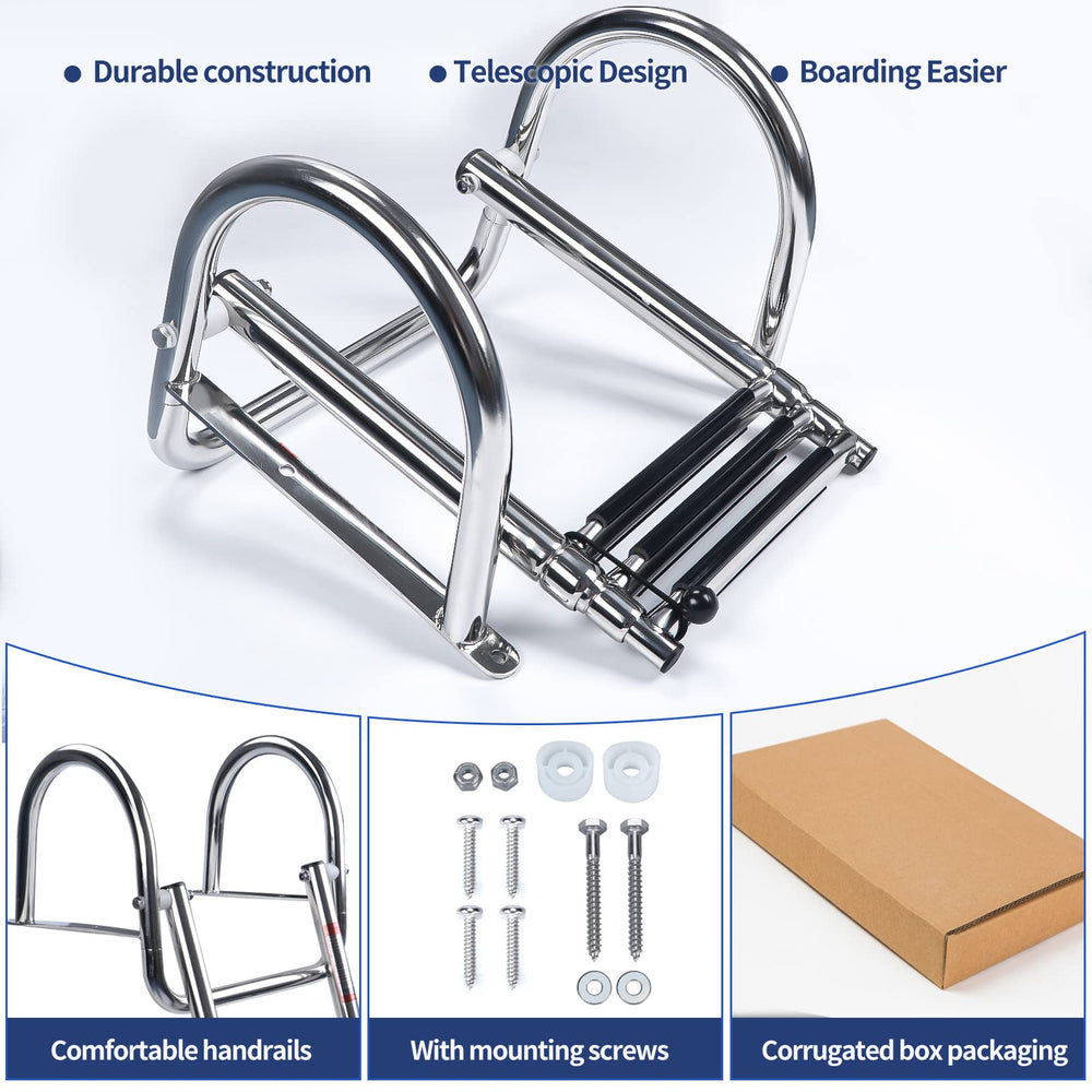 Marinebaby folded ladder stowed against swim deck for low-profile storage
