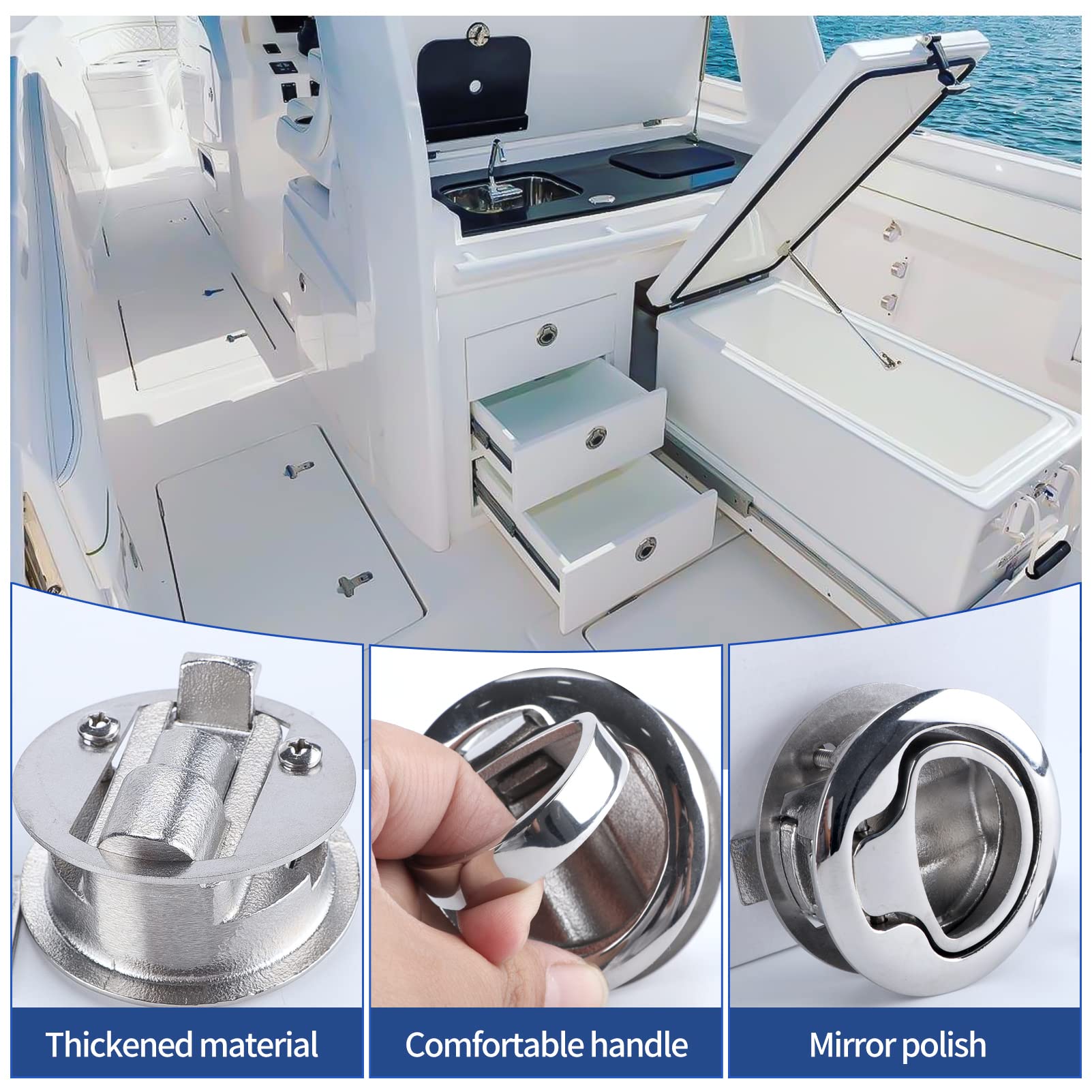 Marinebaby latch installed in hatch recessed flush to surface for snag-free operation
