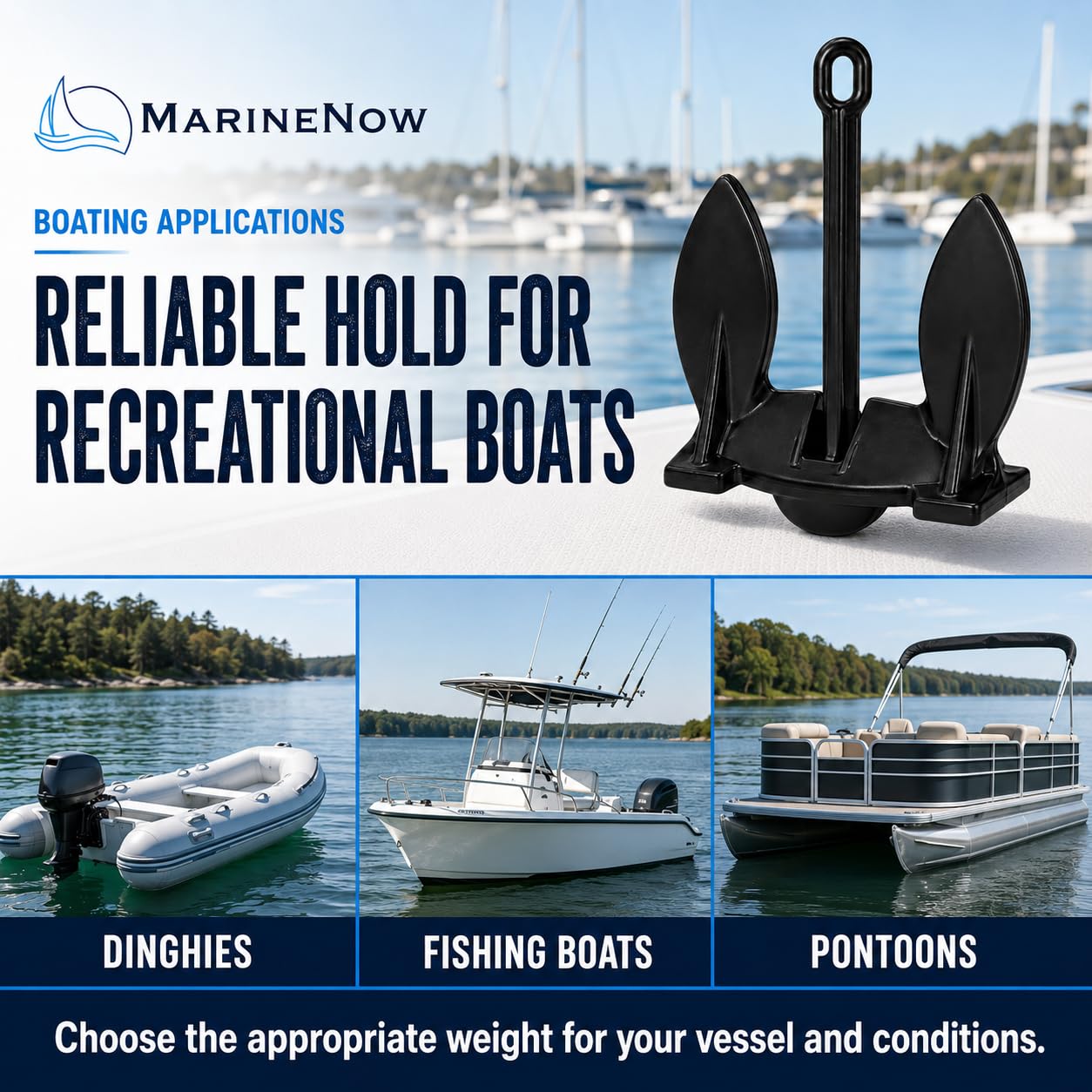 MarineNow anchor mounted on dinghy bow demonstrating secure stowage benefit