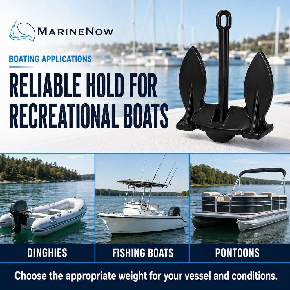 MarineNow anchor mounted on dinghy bow demonstrating secure stowage benefit