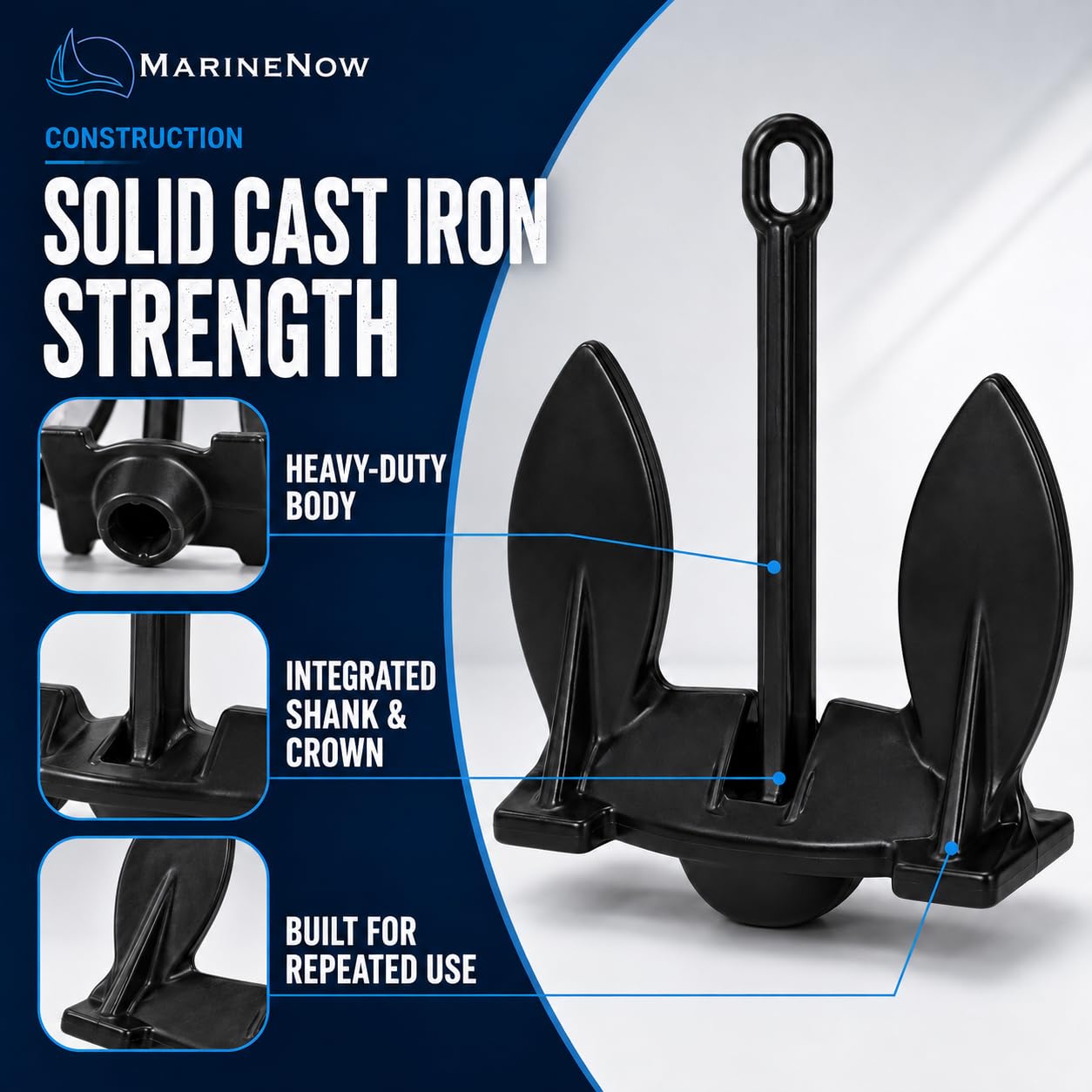 MarineNow side profile illustrating cast-iron strength and fluke geometry benefit