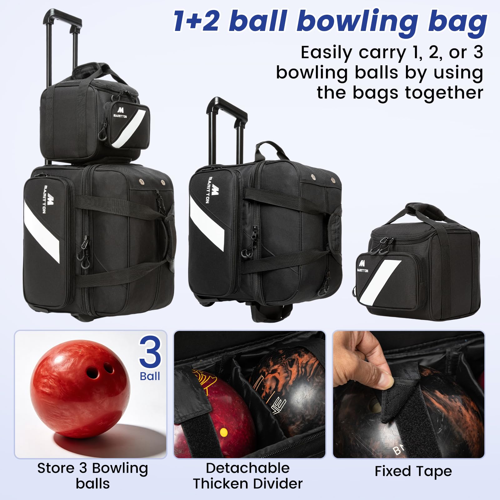 MARITTON close-up of detachable one-ball tote, quick removal and compact carry