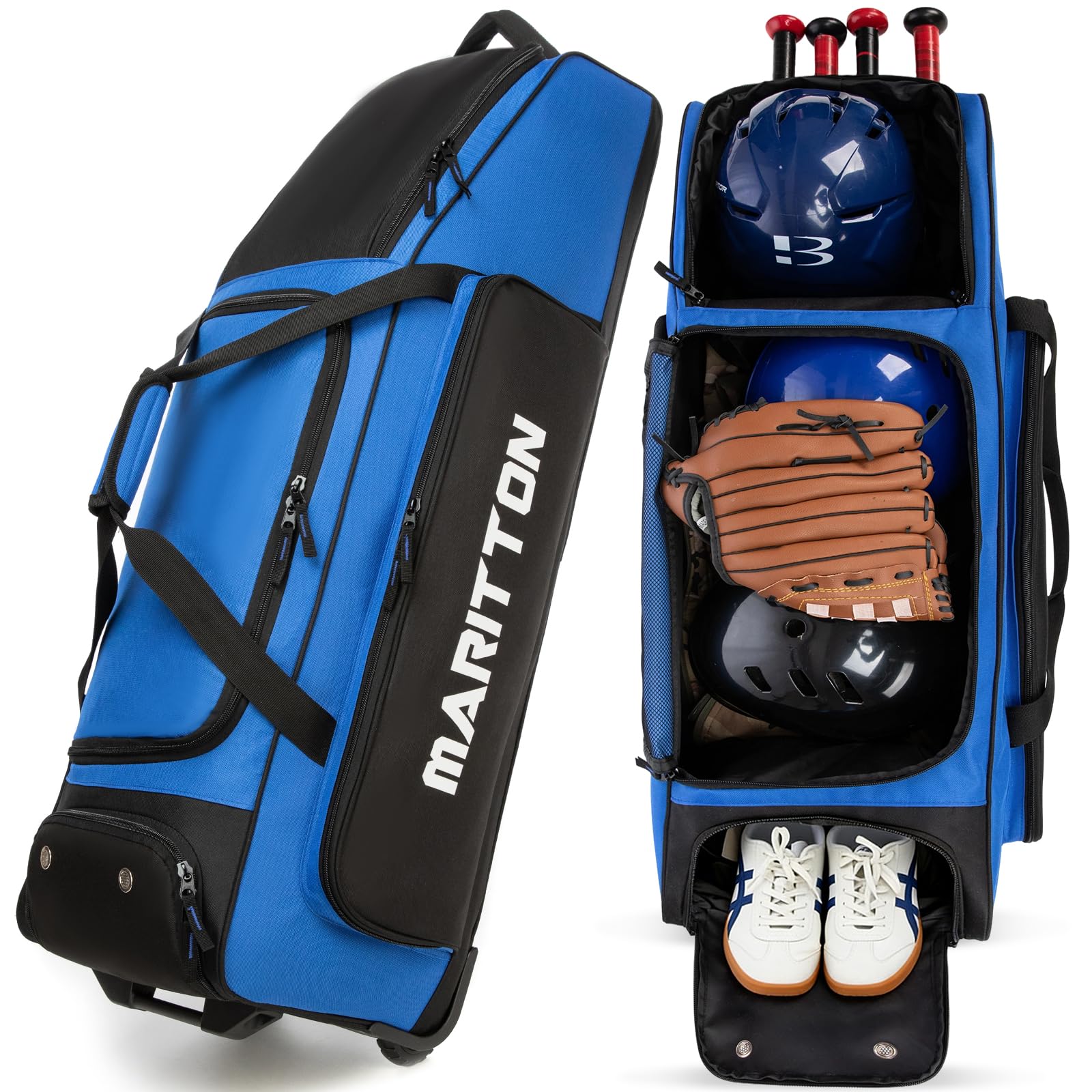 MARITTON front view of wheeled bag showing organized compartments and logo, convenient transport