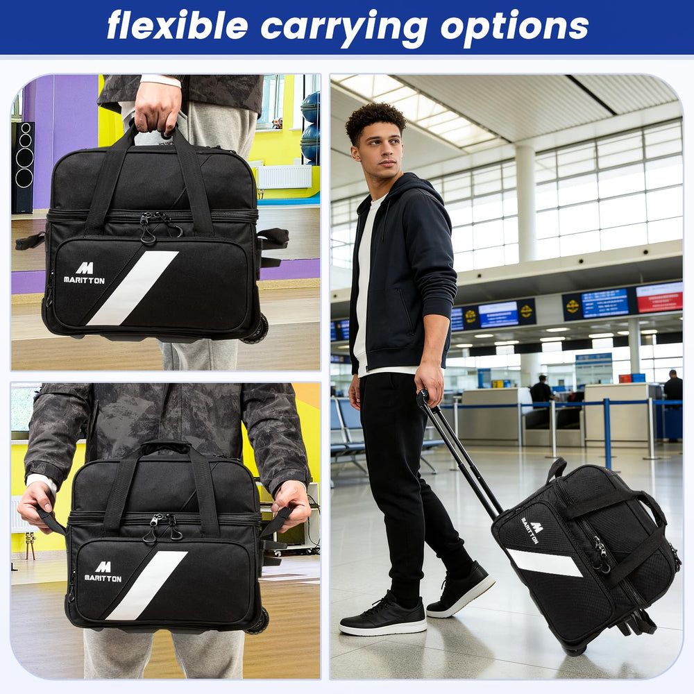 MARITTON lifestyle shot of bowler carrying bag at alley, convenient transport solution