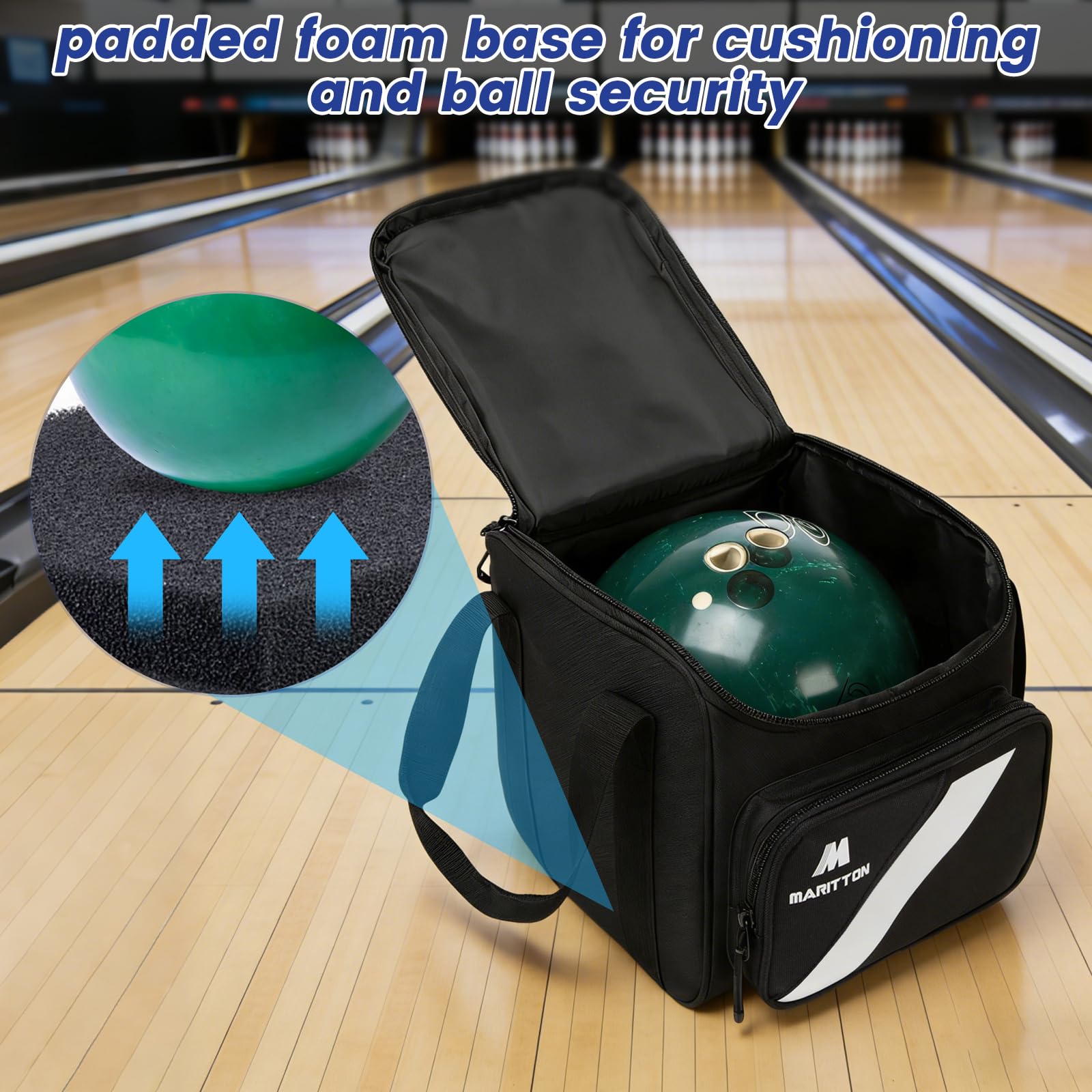 MARITTON open interior with padded dividers, protects balls from impact