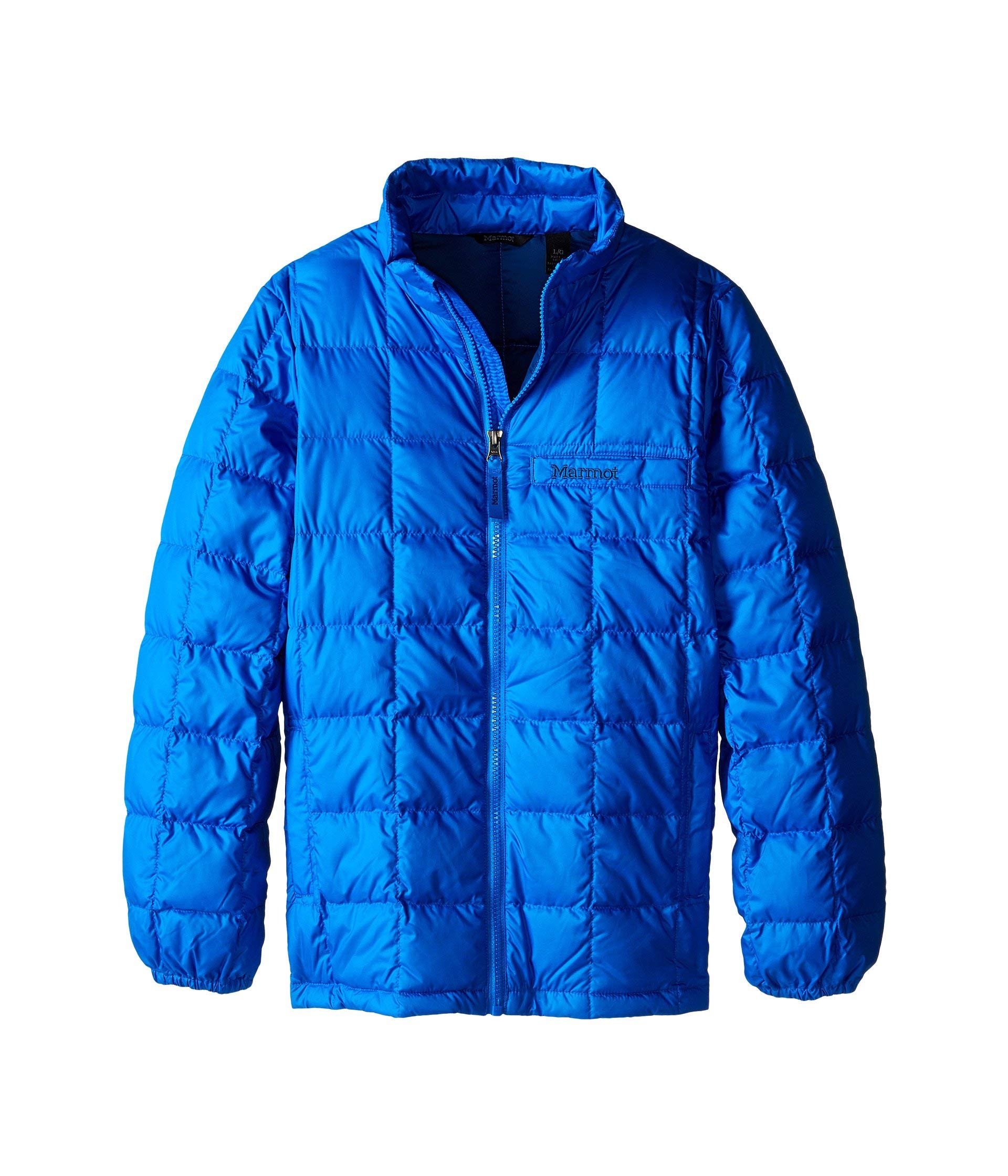 Marmot Ajax front view cobalt blue showing full-length zipper and hand pockets for warmth