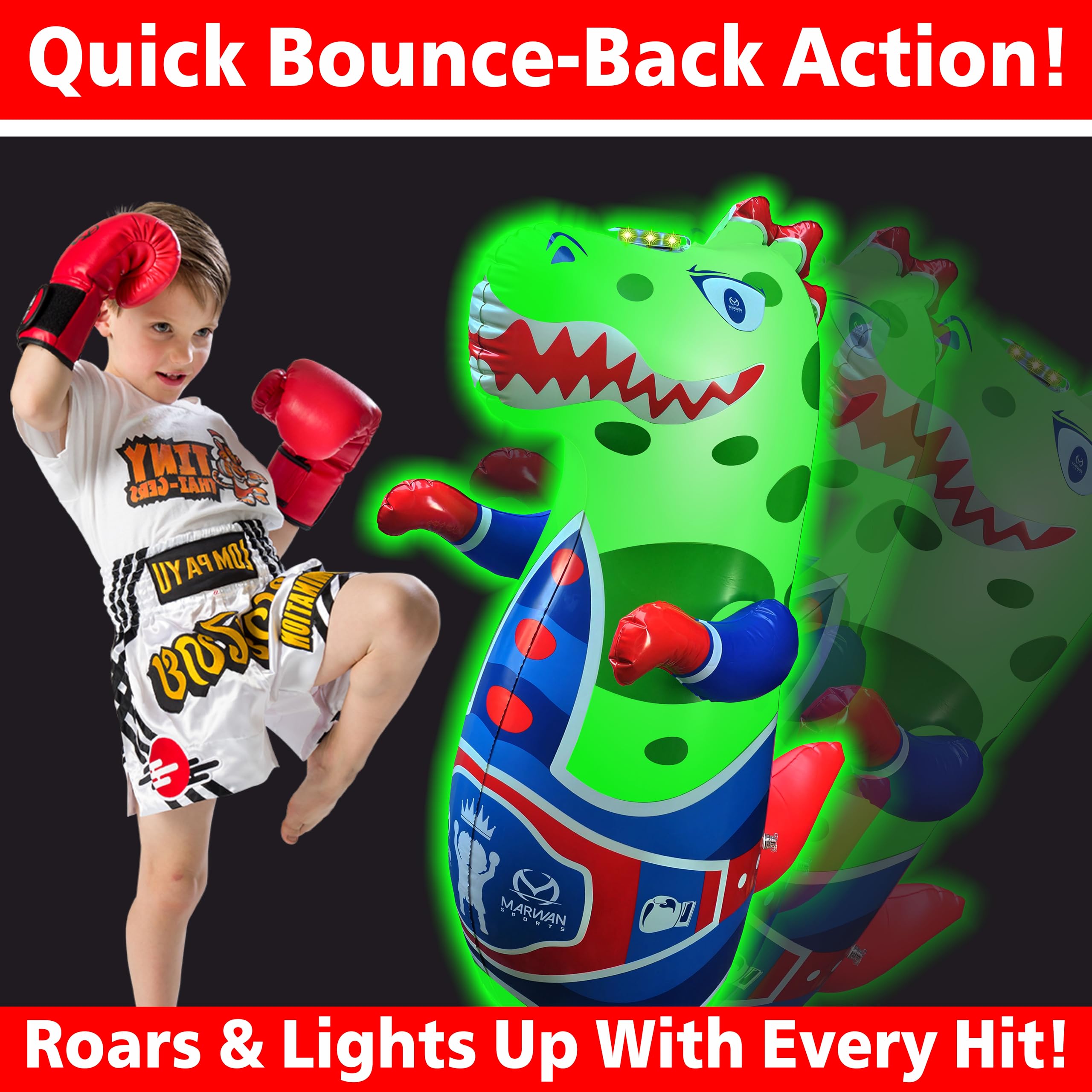 Marwan Sports dino in use with child punching, promoting energy release and coordination