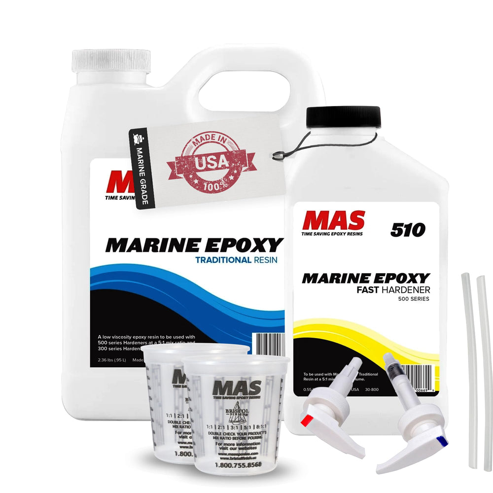 MAS epoxy front packaging showing kit contents and fast hardener benefit