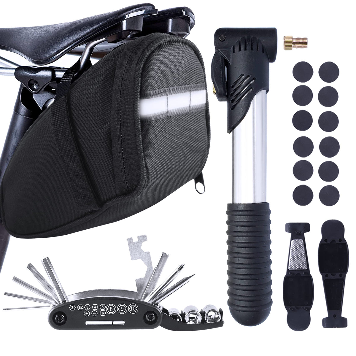 MASPODER saddle bag front view showing compact storage and secure attachment