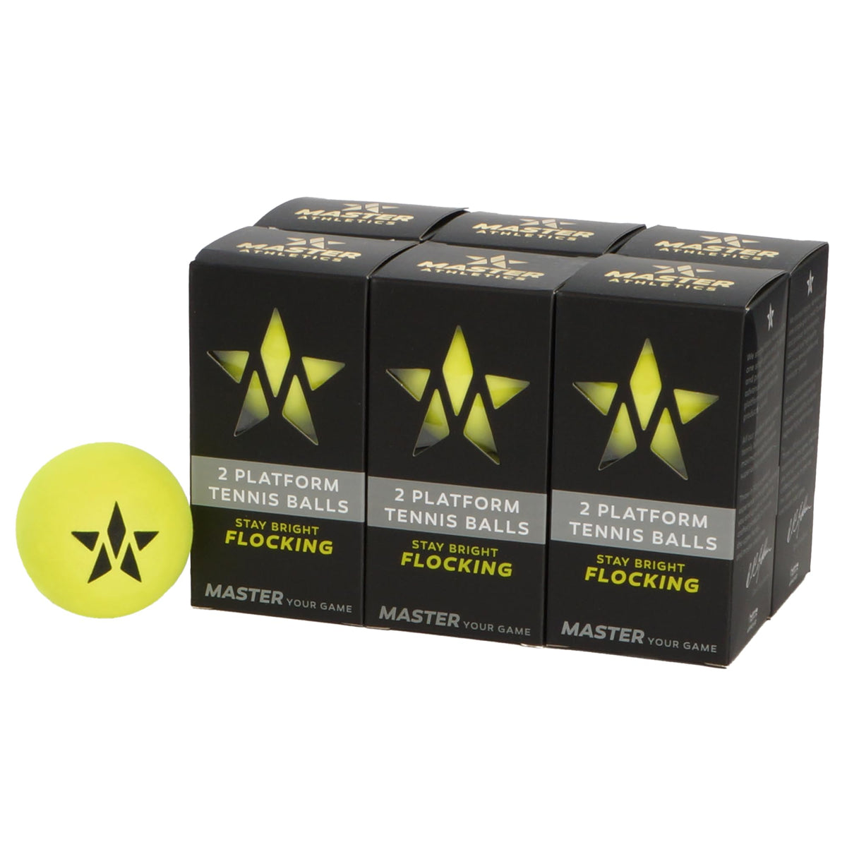 Master Athletics front packaging showing dozen balls, clear branding and bright color benefit