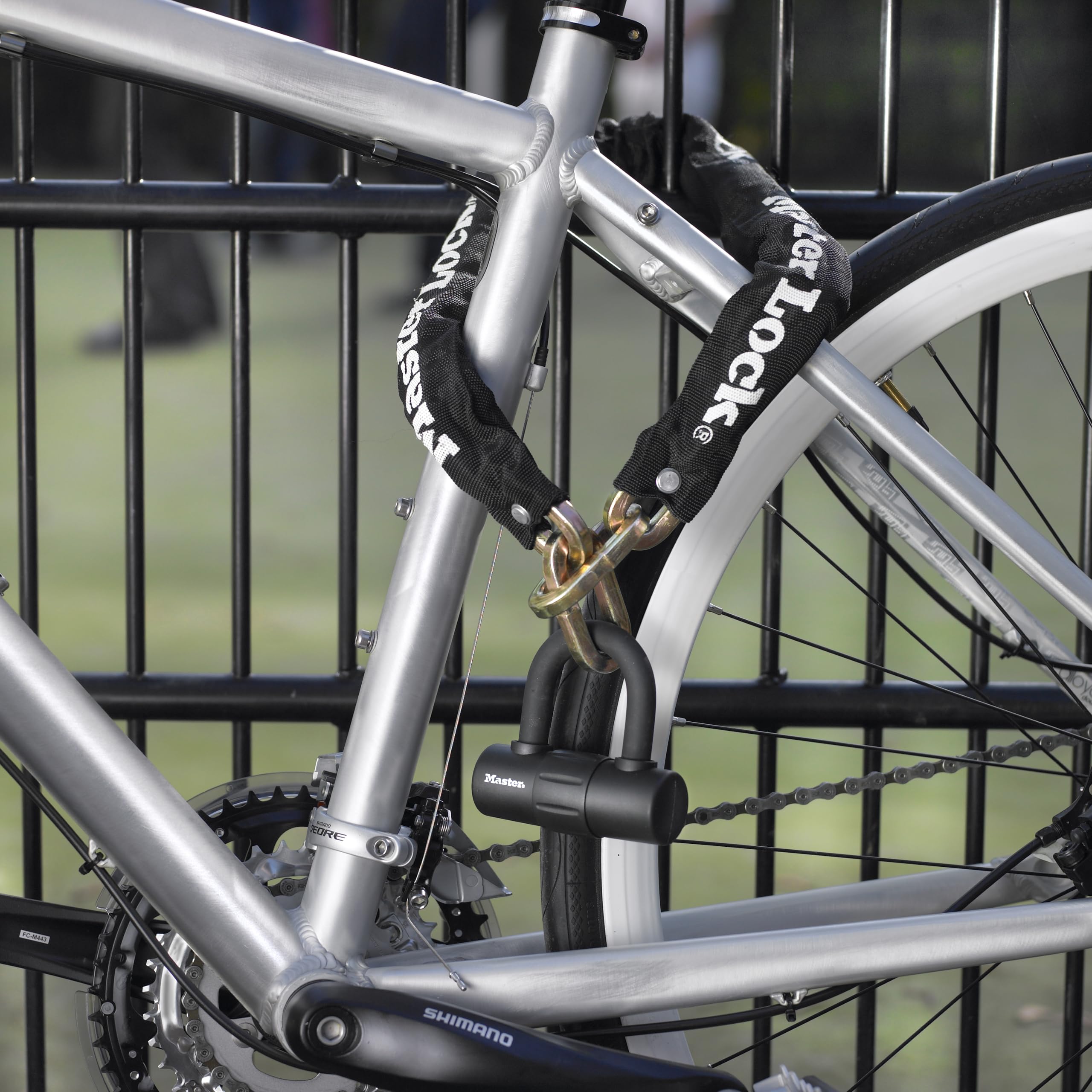 Master Lock chain nylon sleeve closeup protecting paint and resisting weather