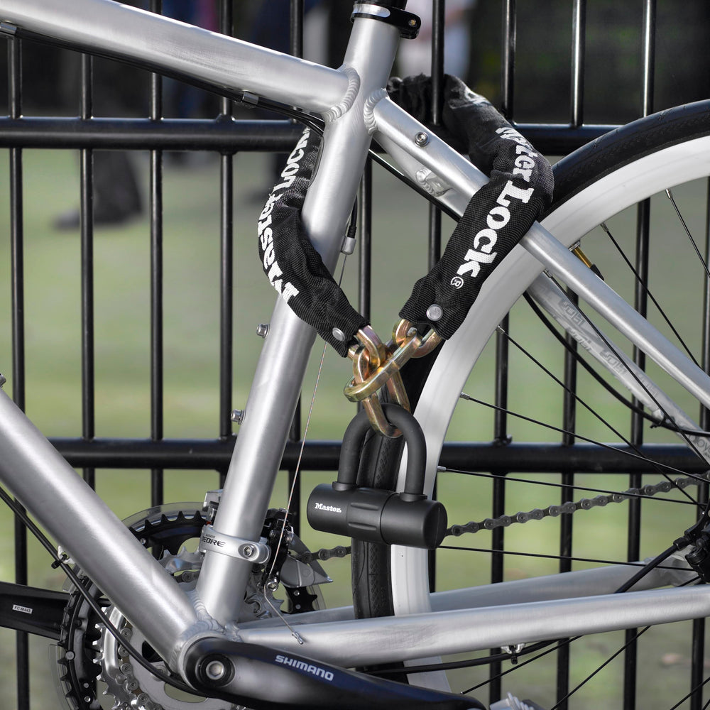 Master Lock chain nylon sleeve closeup protecting paint and resisting weather