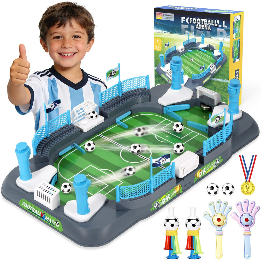 Mastom front view showing compact tabletop soccer set and vibrant field, great for family play