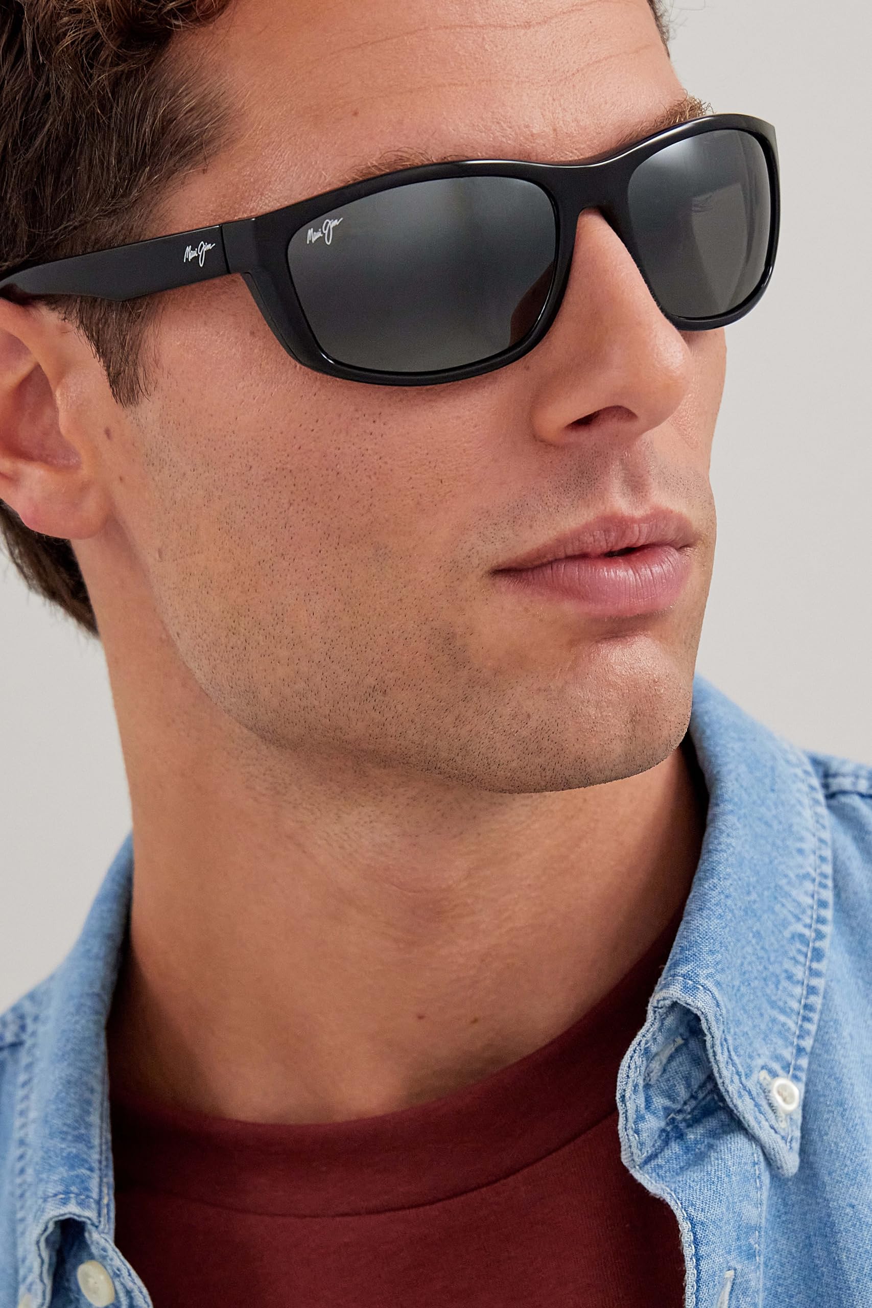 Maui Jim Nuu Landing temple detail with thermoplastic elastomer for secure, slip-resistant grip