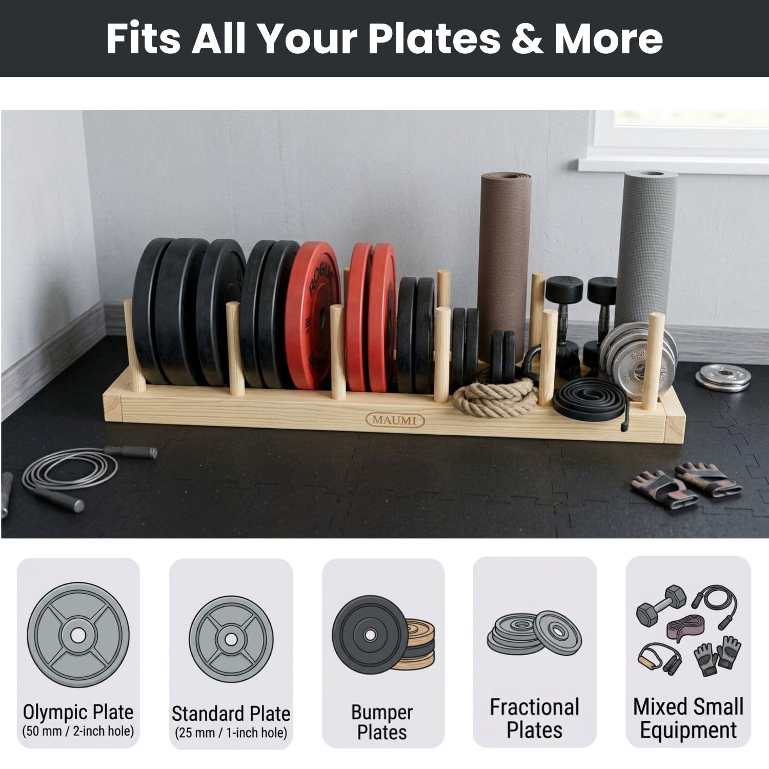 MAUMI loaded with Olympic and bumper plates showing versatile compatibility