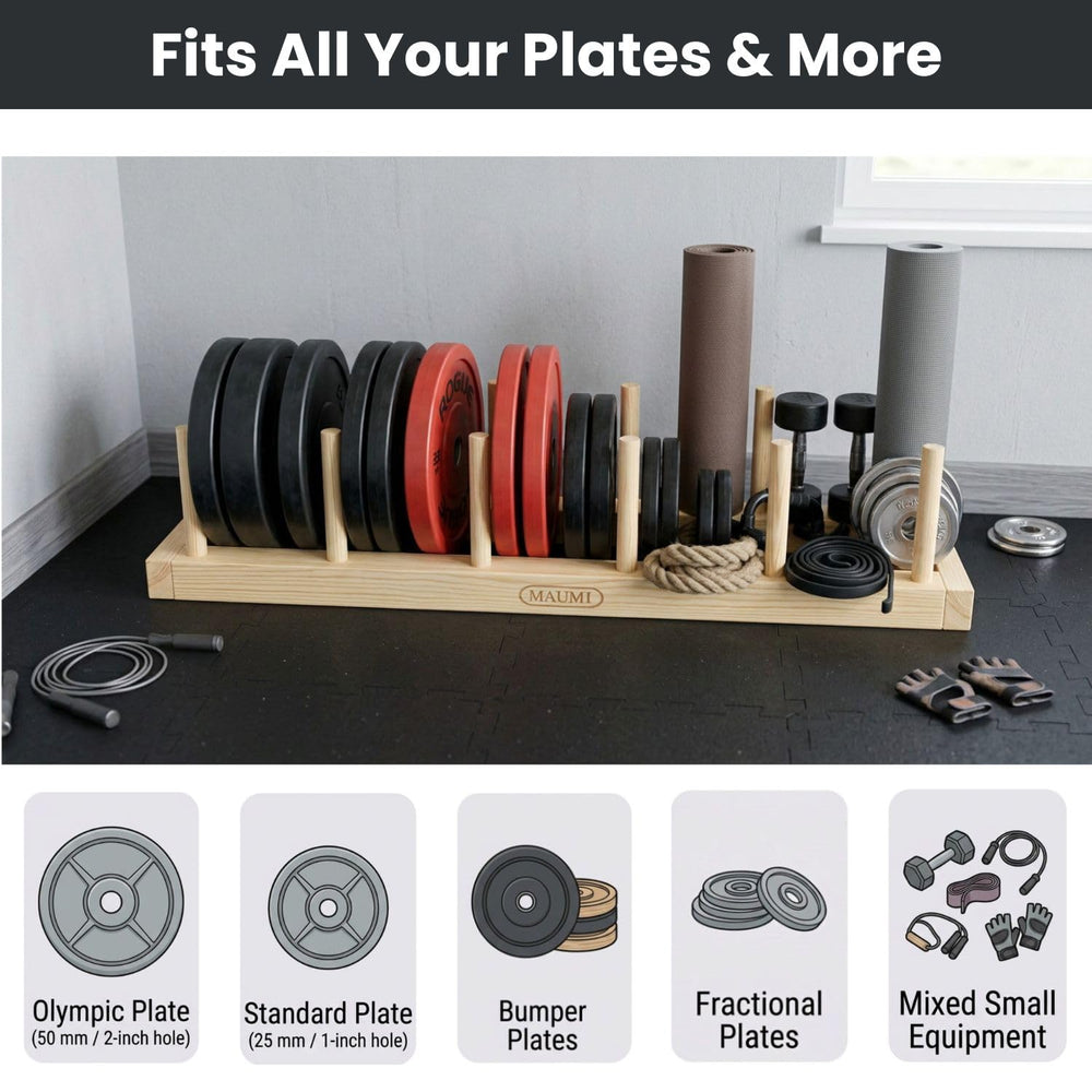 MAUMI loaded with Olympic and bumper plates showing versatile compatibility